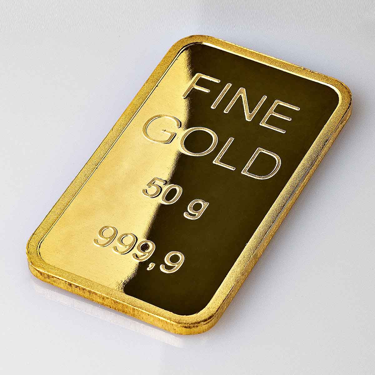 Lingotto d'oro da 50 grammi con incisione Fine Gold 999,9